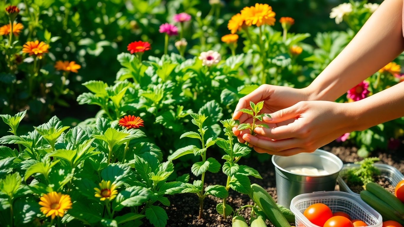 Mâini îngrijind o plantă tânără într-o grădină însorită.