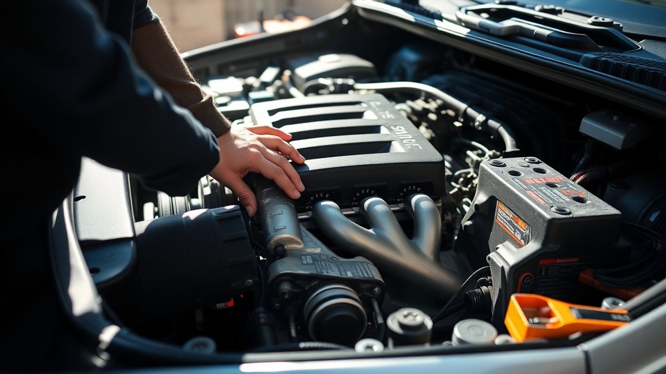 Car engine being repaired by a mechanic.