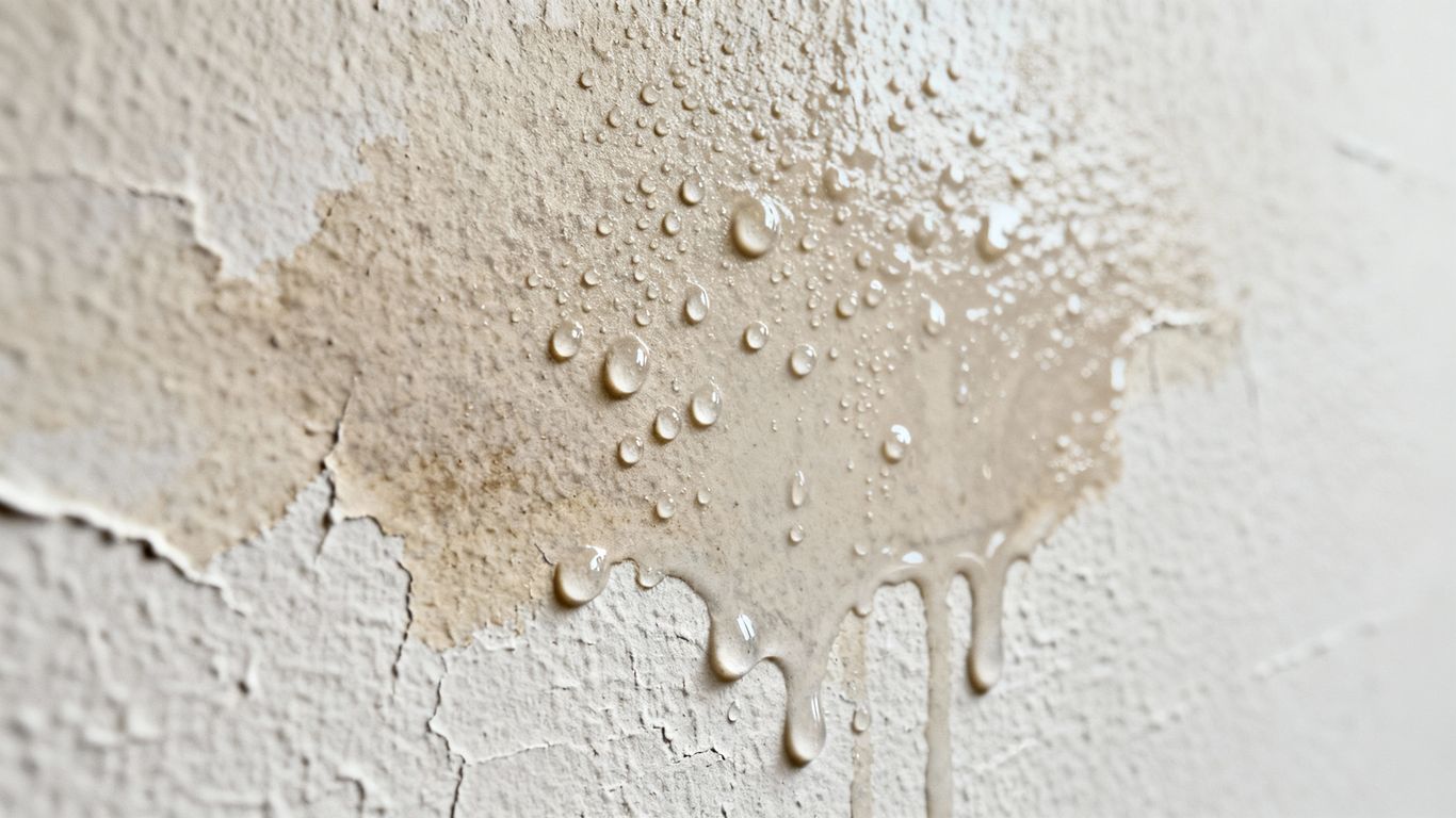 Drywall with water stains and condensation droplets.