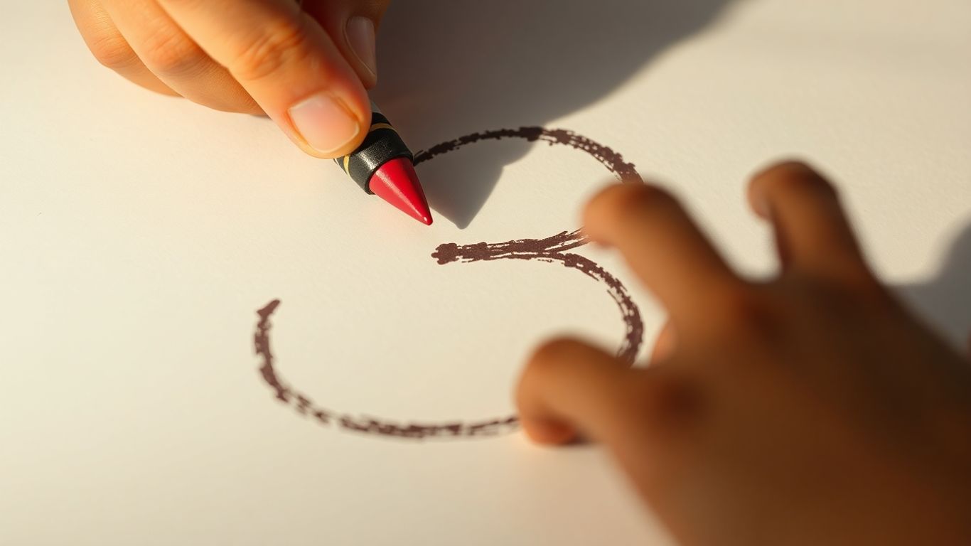 Child's hand tracing the number three with a crayon.