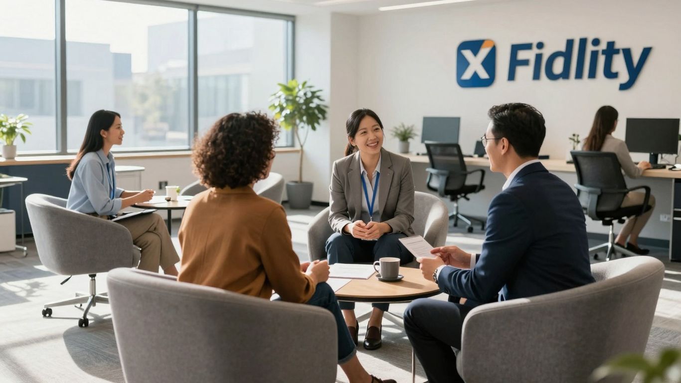 Fidelity office with financial advisors and clients.