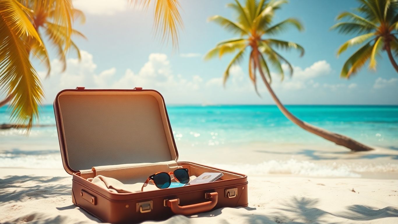 Plaża z walizką i akcesoriami podróżnymi