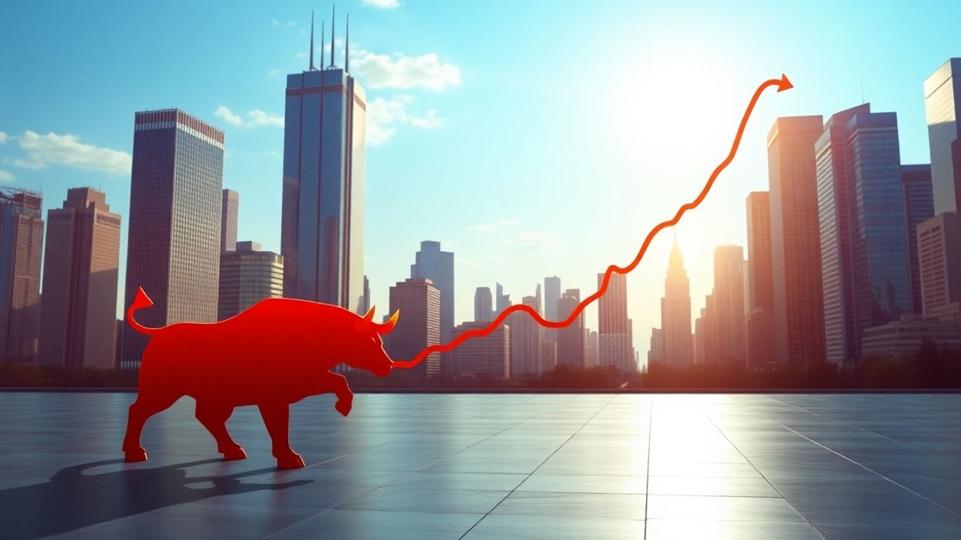 Stock market growth leading to a city skyline.