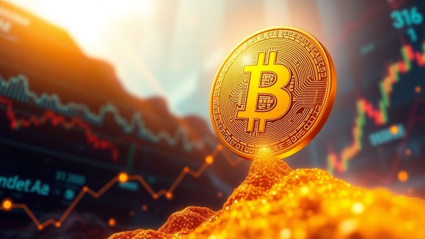 Golden Bitcoin coin ascending in a digital financial landscape.