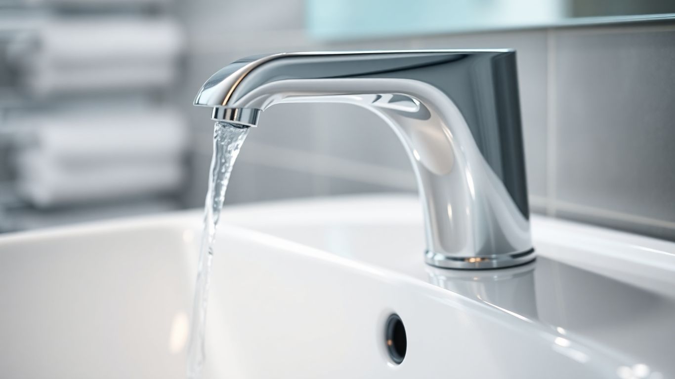 Modern bathroom basin tap with flowing water.