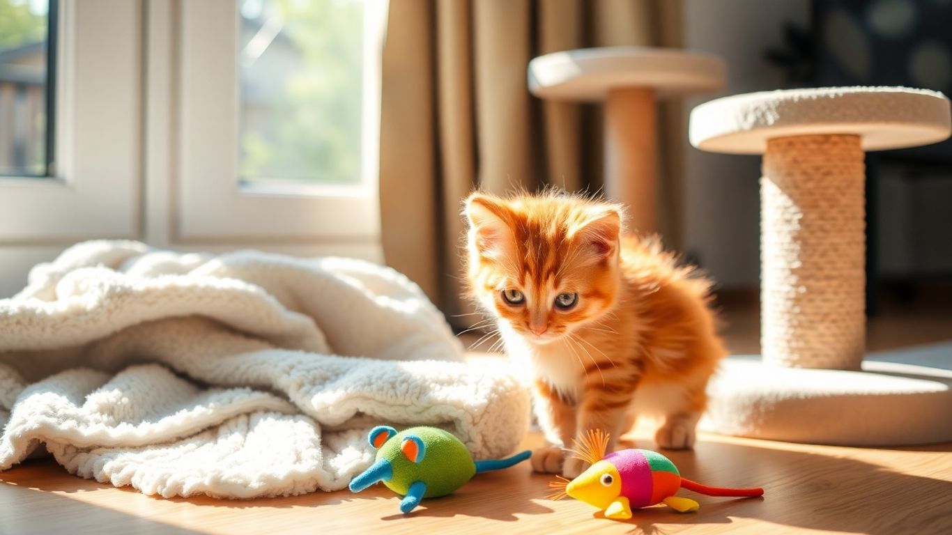 Kitten playing with new cat supplies