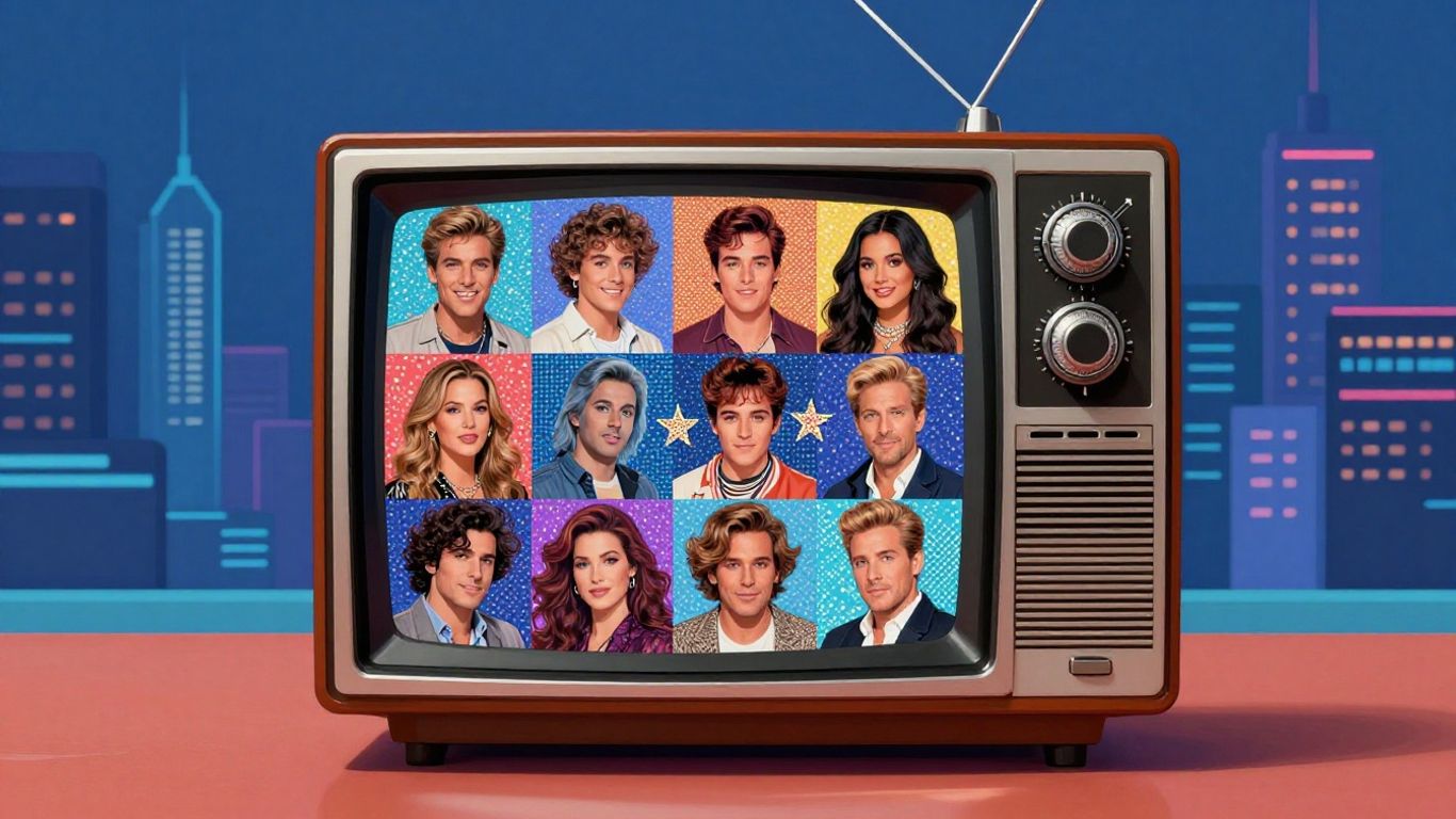 Retro TV showing celebrities and entertainment symbols.