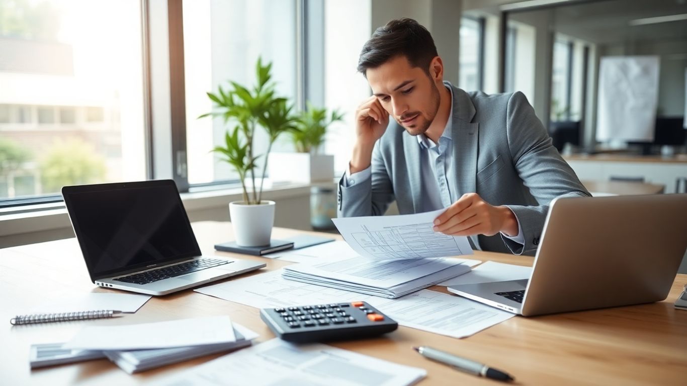 Pessoa calcula impostos IRC com documentos e computador.