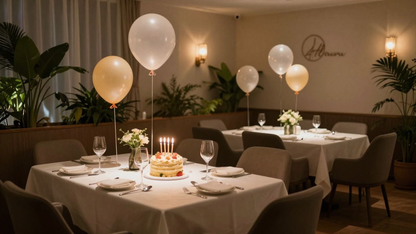Intimate birthday party venue with cake and balloons.