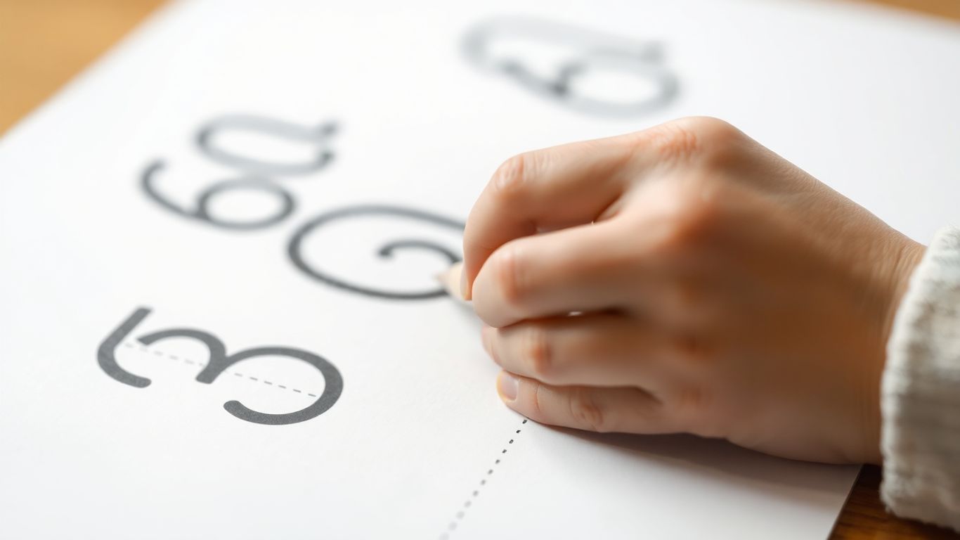 Child's hands tracing numbers on a worksheet.