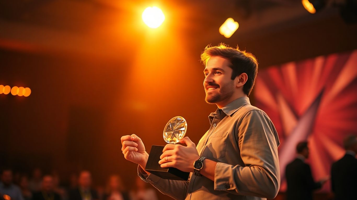 Award winner in spotlight holding trophy.