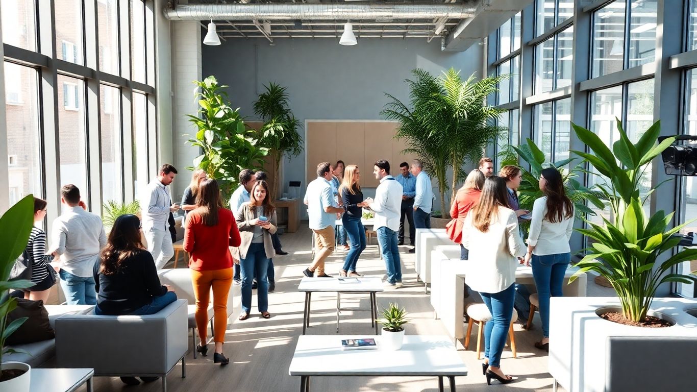 Diverse professionals networking in a modern office setting.