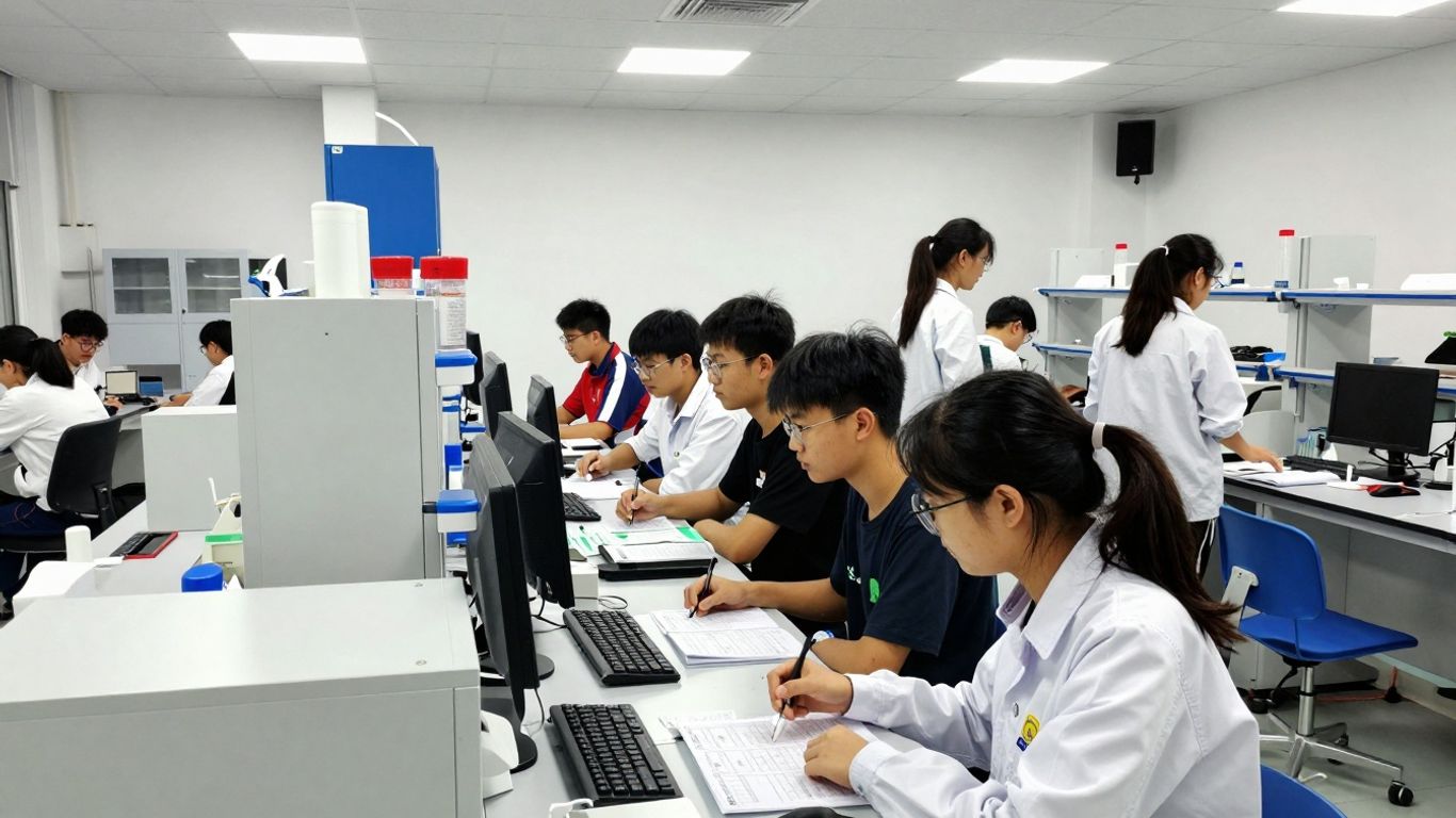 Students working in a modern university innovation lab.