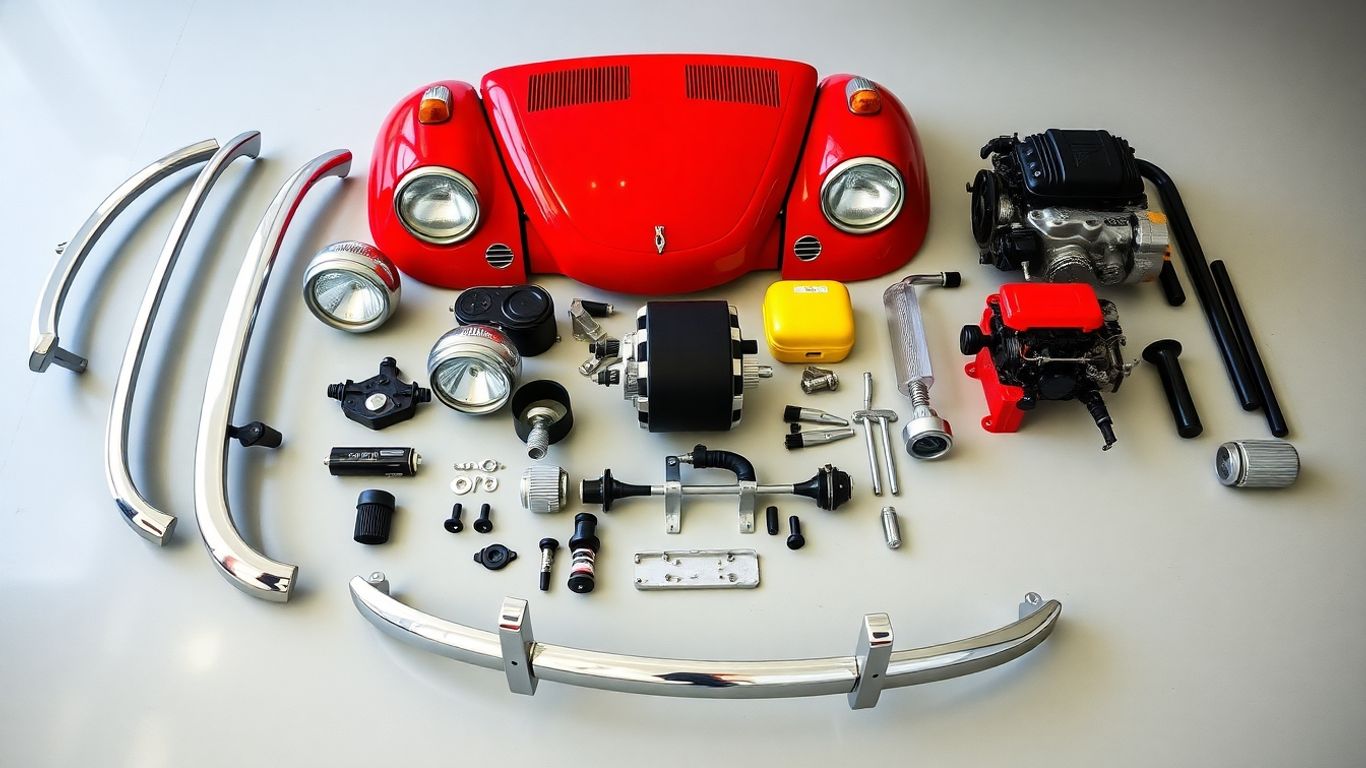 VW Beetle car parts laid out for sale.