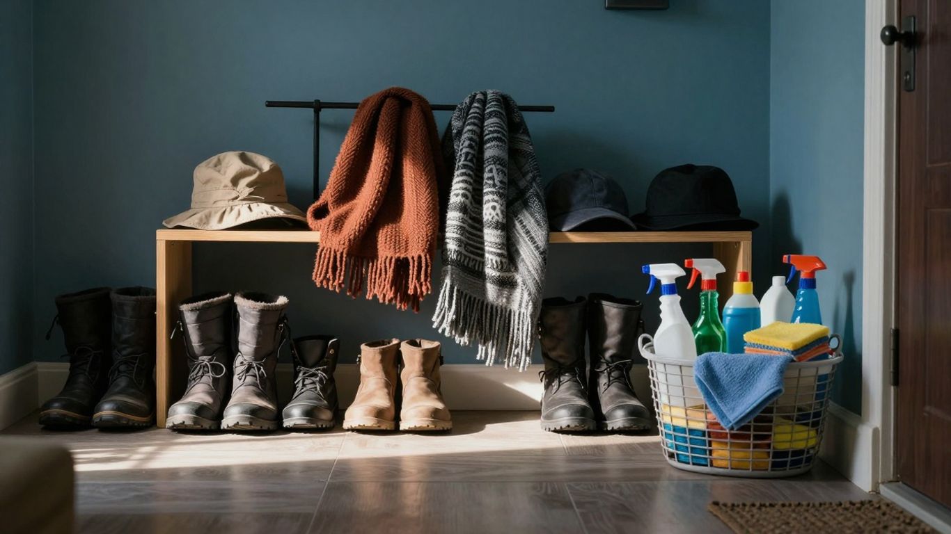 Tidy winter entryway with boots, scarves, and cleaning supplies.