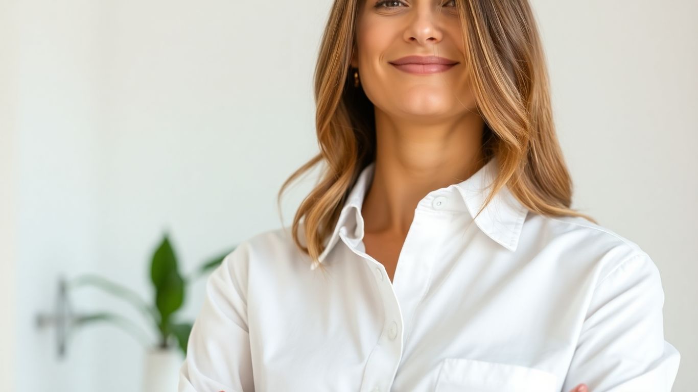 Woman in a stylish white button-down shirt.