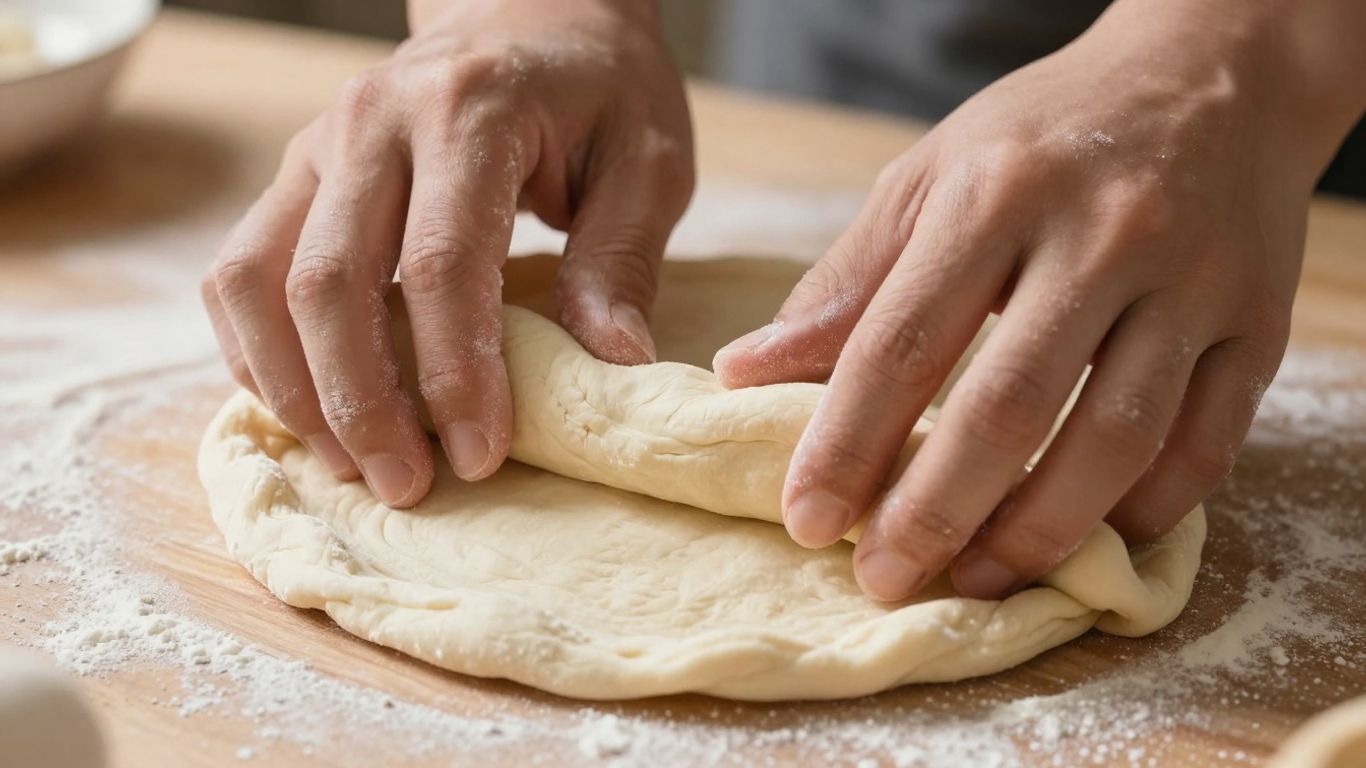 Hands kneading soft roti dough on a wooden surface.