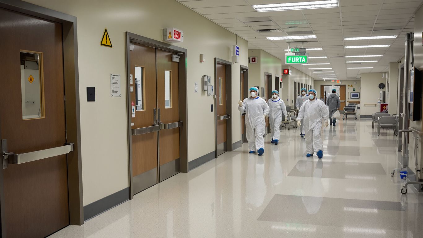 Pasillos de hospital con personal médico y puertas de urgencias.