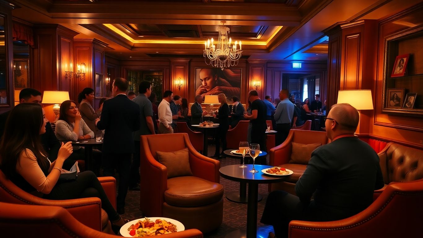 Friends enjoying a gathering in a cozy social club
