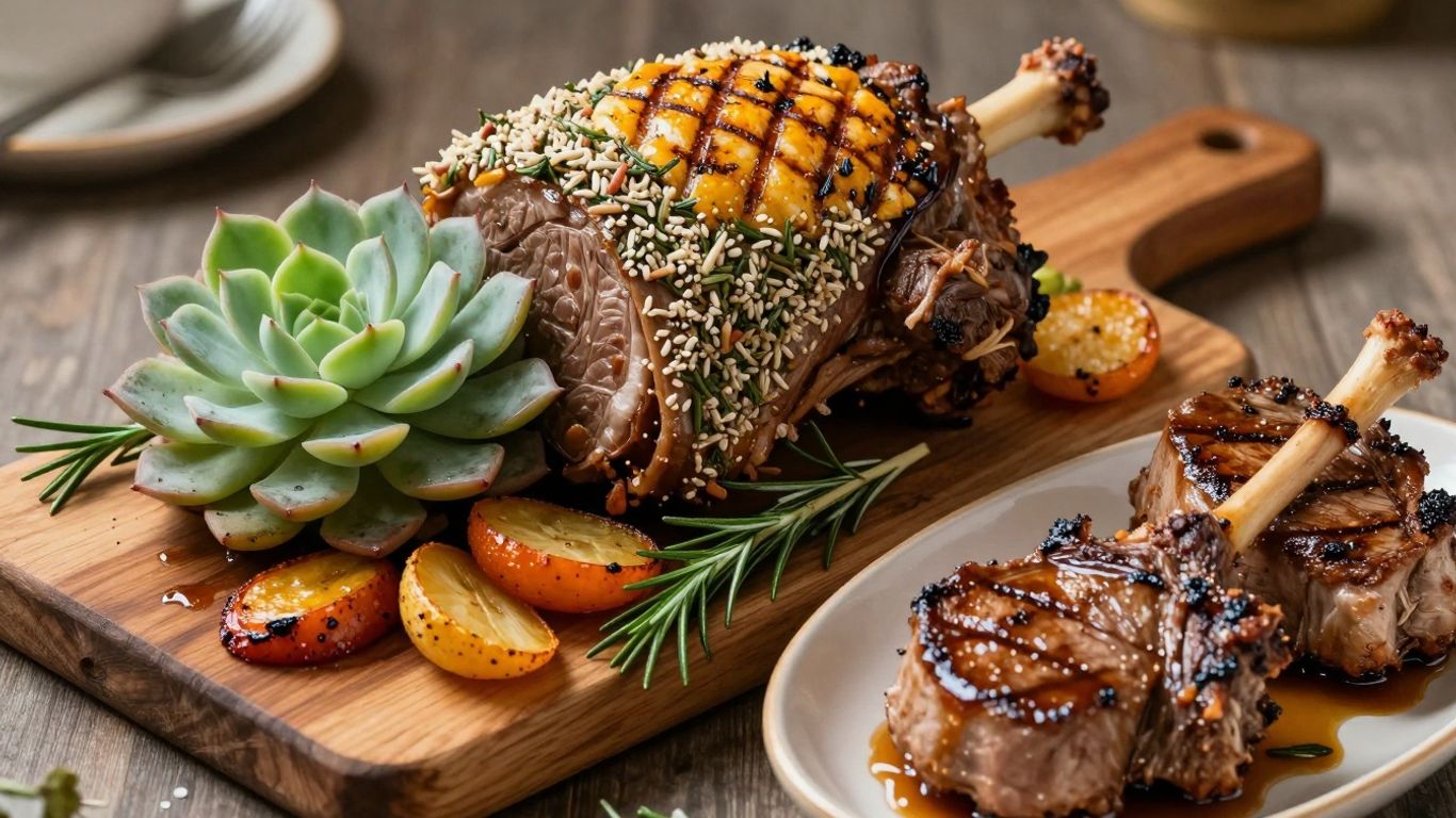 Mutton roast and chops with herbs and vegetables