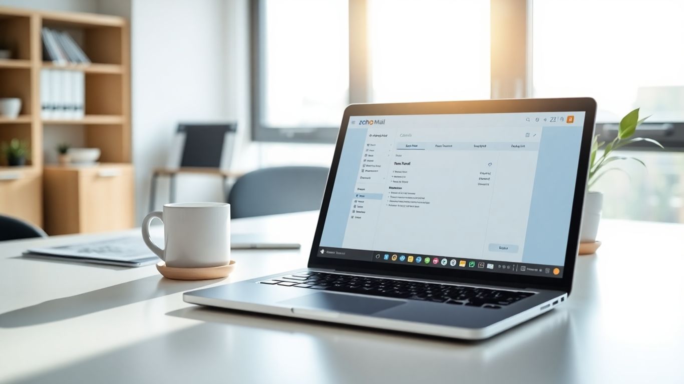 Zoho Mail interface on a laptop on a desk.