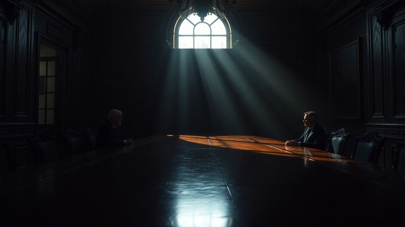 Oameni la o masă într-o cameră slab luminată.