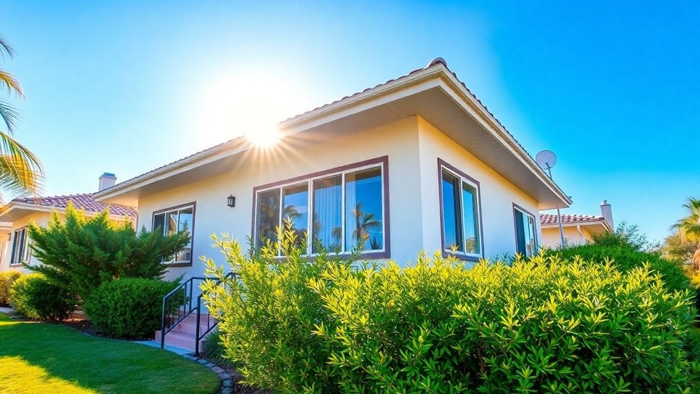 Casa vacacional moderna con cielo azul y vegetación.