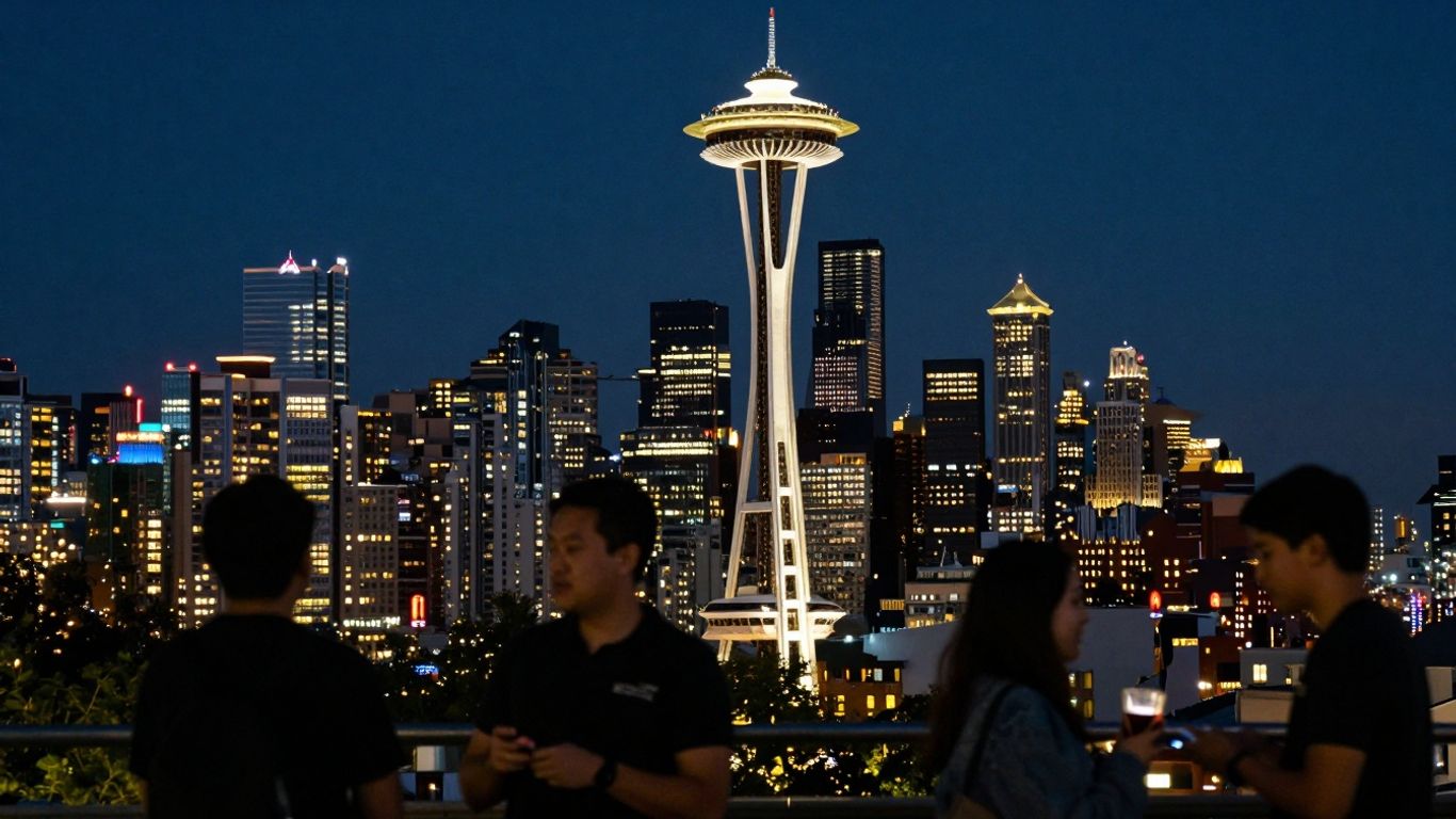 Seattle cityscape at night with Space Needle and people.