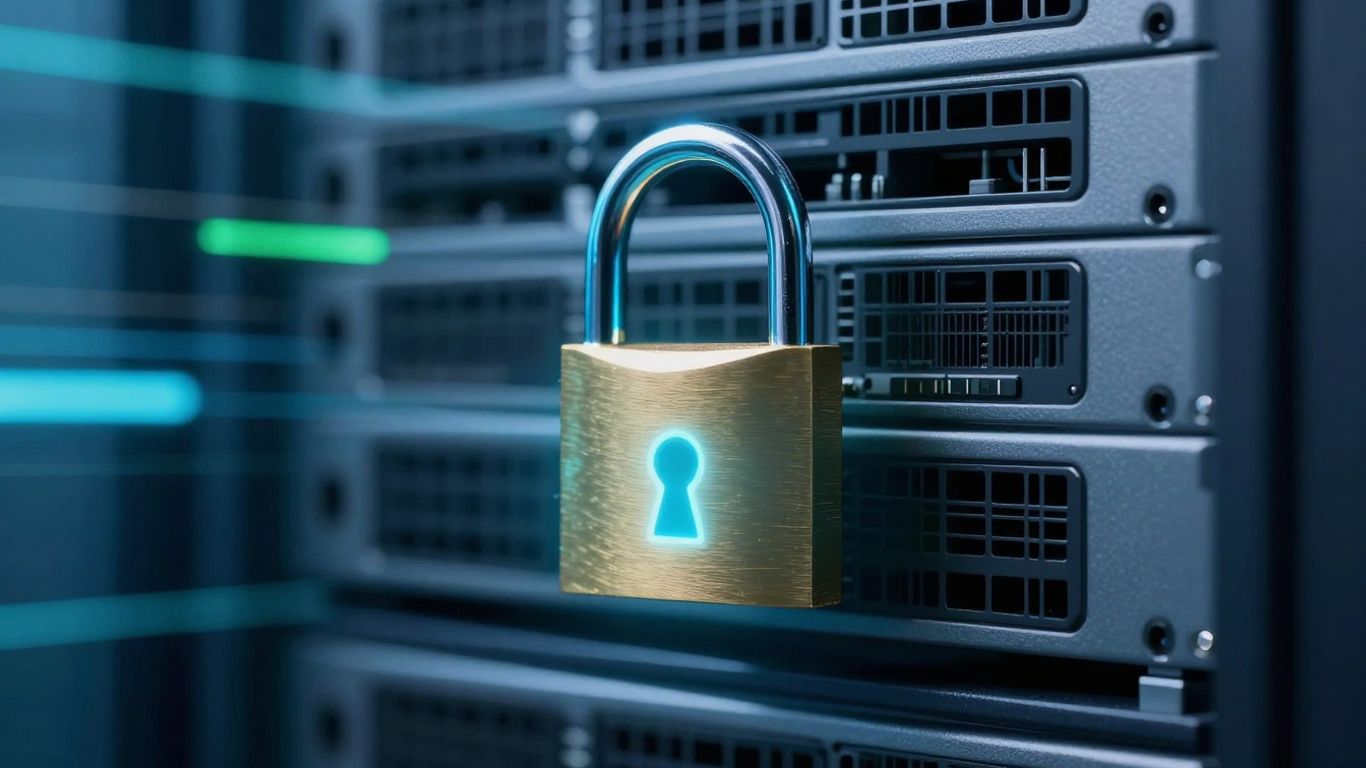 Digital padlock securing a server rack.