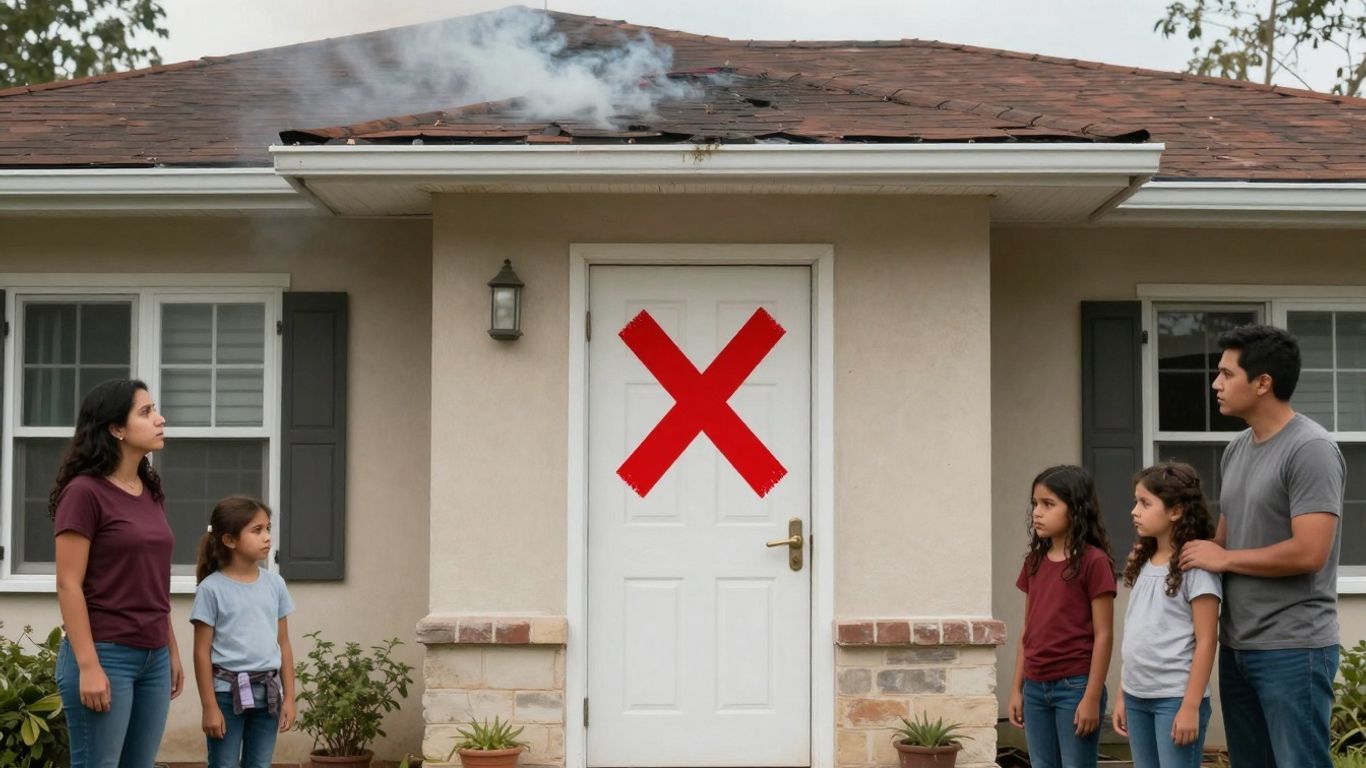 Casa inhabitada con marca de X y familia preocupada.
