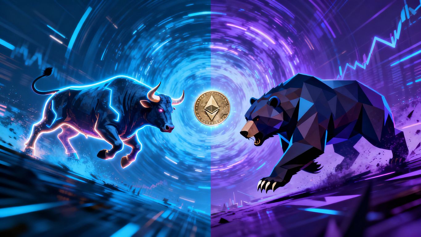 Ethereum coin between bull and bear market forces.