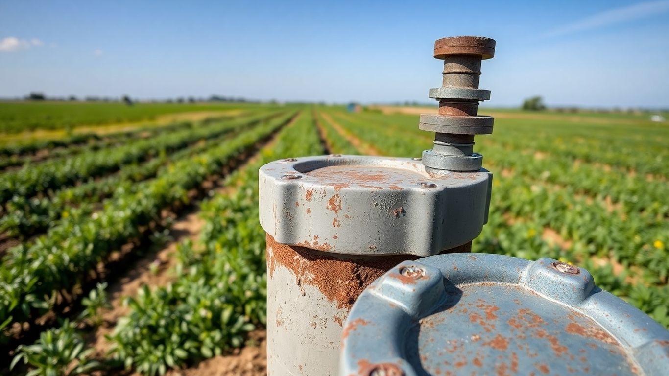 Sealed wellhead in a green agricultural field.