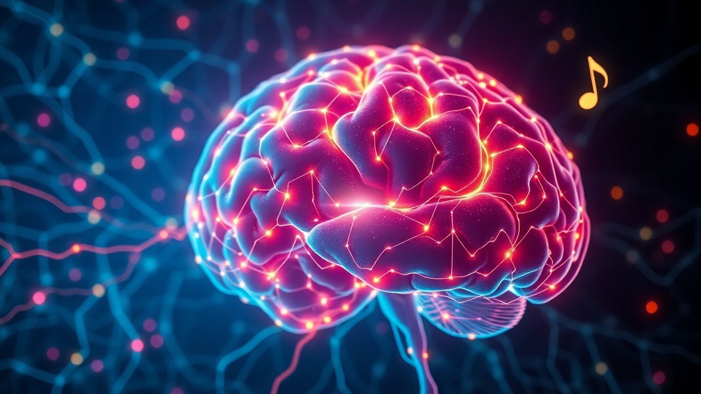 Cérebro humano com ondas sonoras e notas musicais.