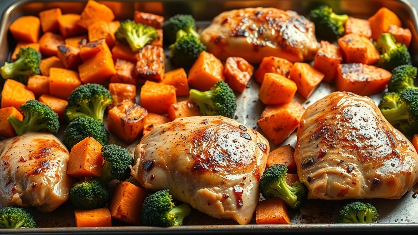 Sheet pan dinner with chicken, broccoli, and sweet potatoes.