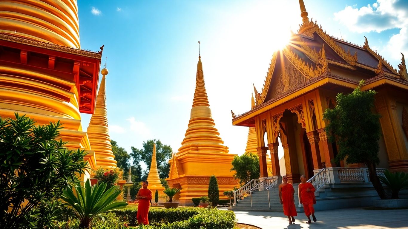 Golden Buddhist stupas and monks in Myanmar