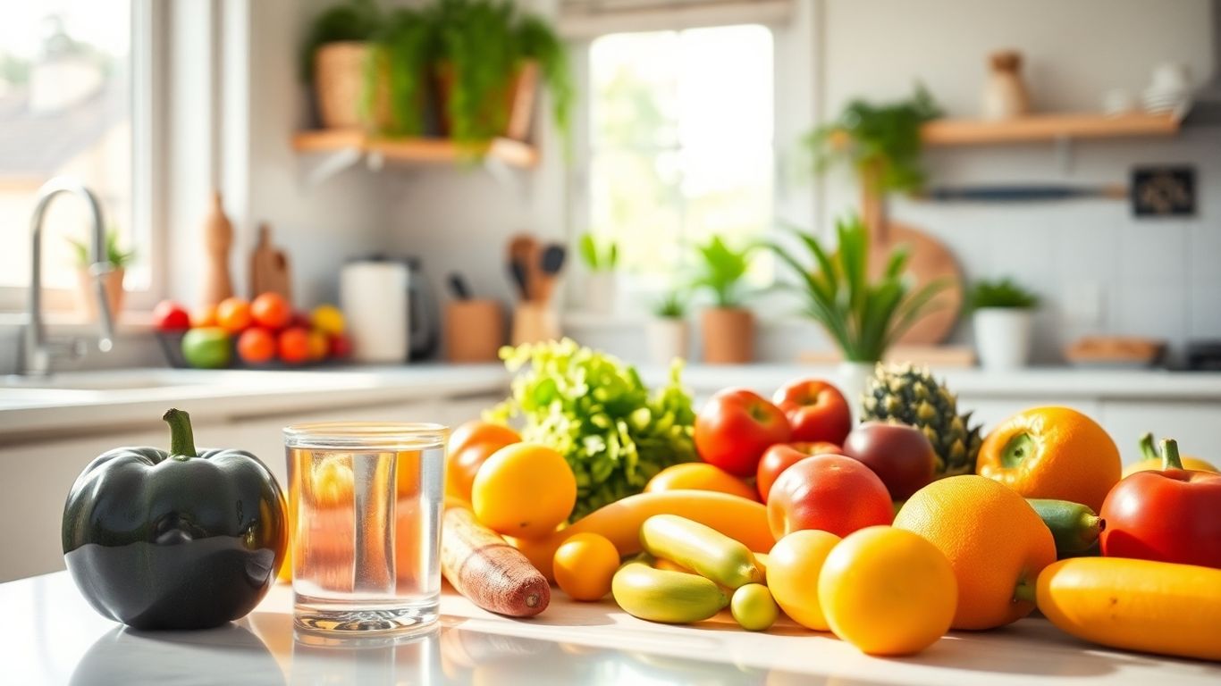 Fresh fruits and vegetables on a kitchen counter.