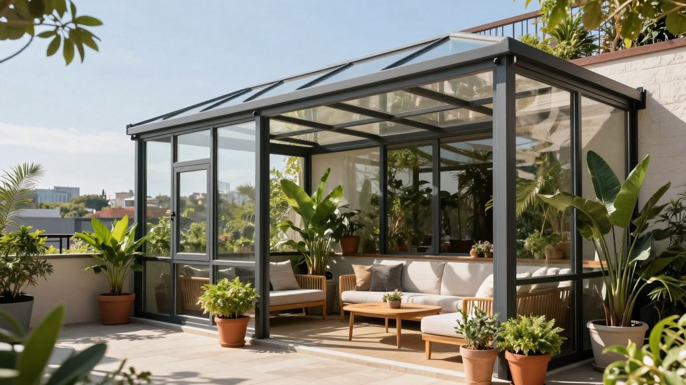 Sommergarten auf einer sonnigen Terrasse mit Glaswänden