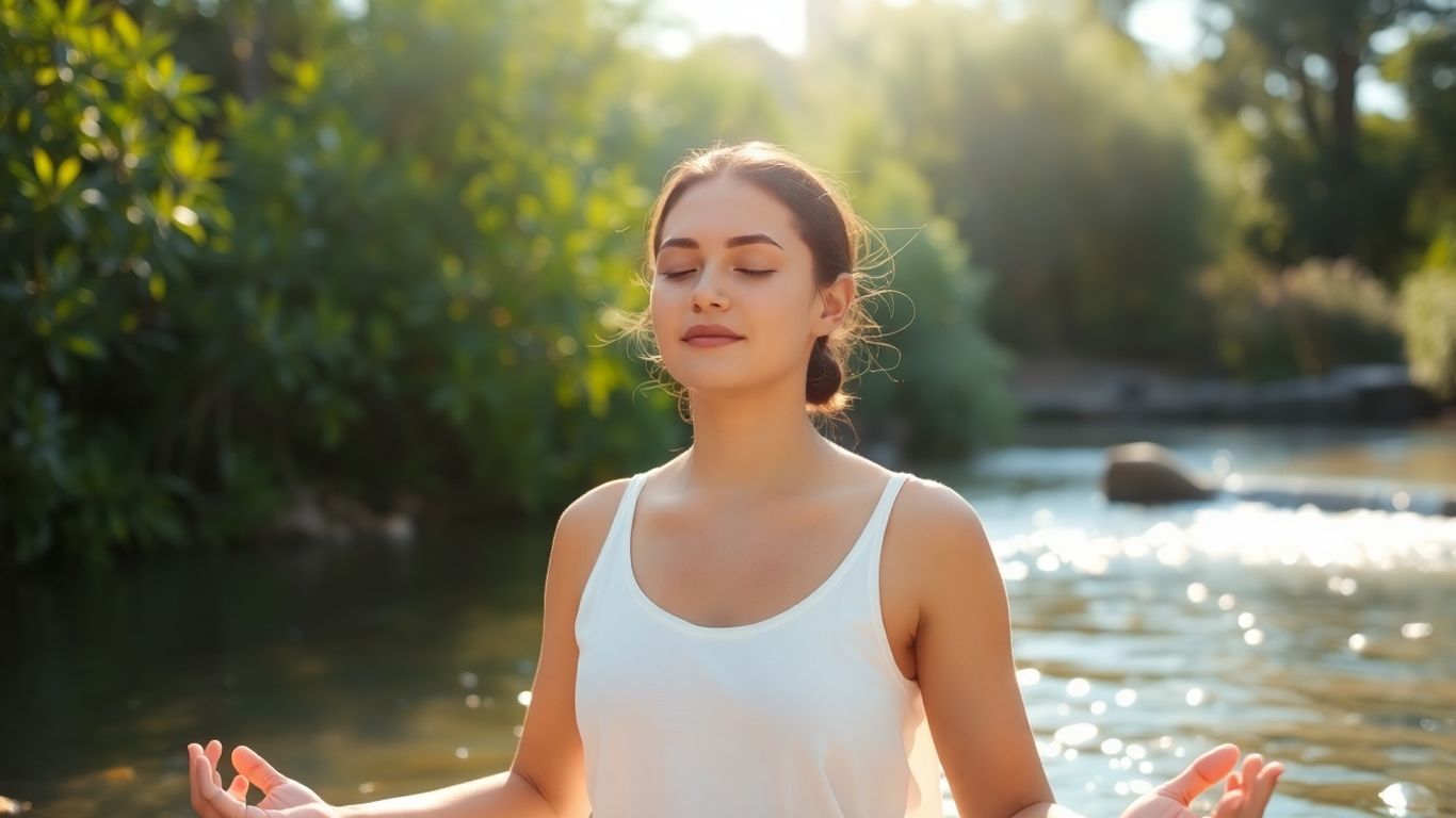 Person meditating peacefully outdoors in nature.