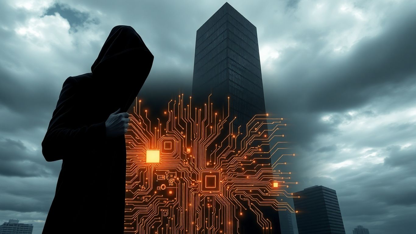 AI curtain pulled back revealing circuits and corporate skyscraper.