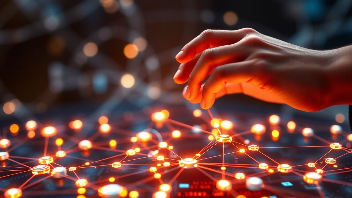 Hands building digital network for cryptocurrency exchange.