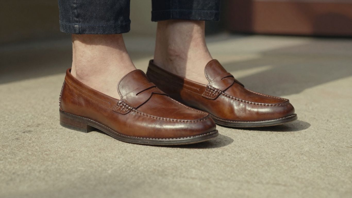 Man wearing penny loafers without socks in summer.