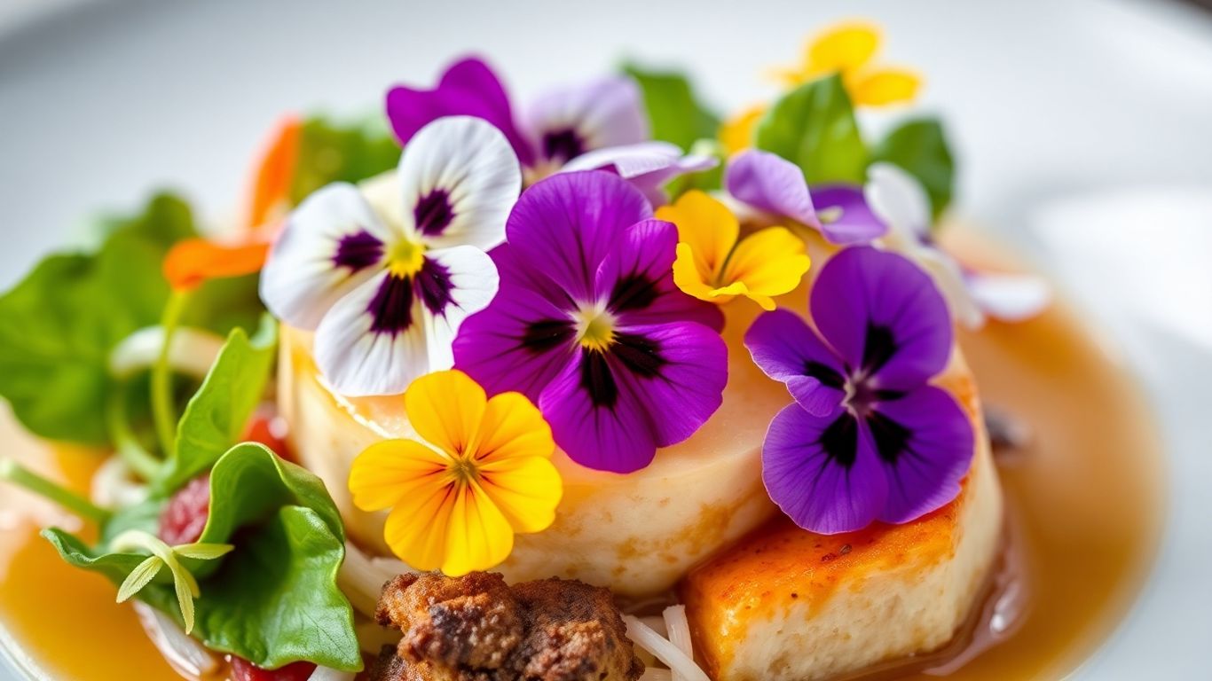 Flores comestíveis decorando um prato gourmet.