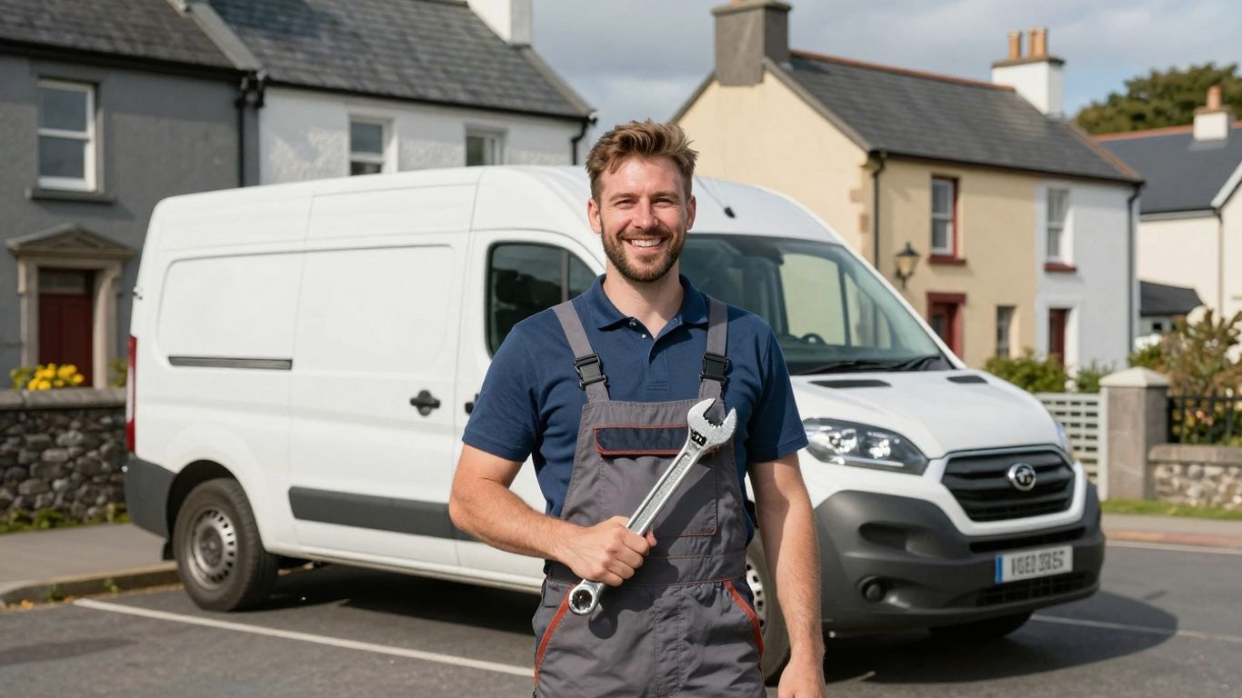 Irish plumber with wrench outside houses.