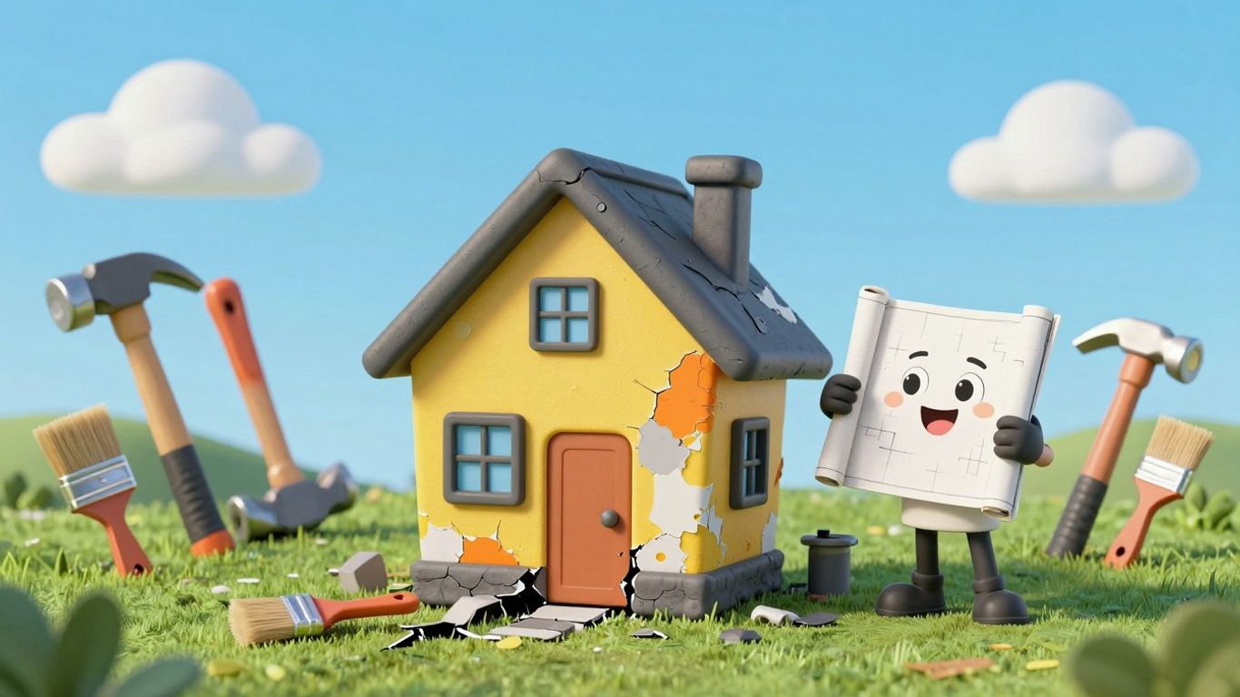 Cartoon house renovation with FHA 203k loan