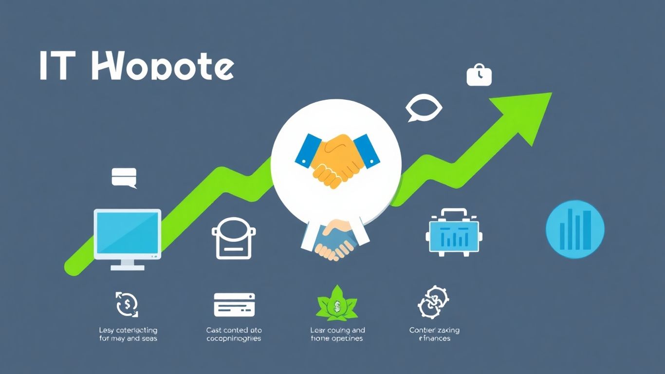 IT support salary trends infographic with upward arrows and tech icons.