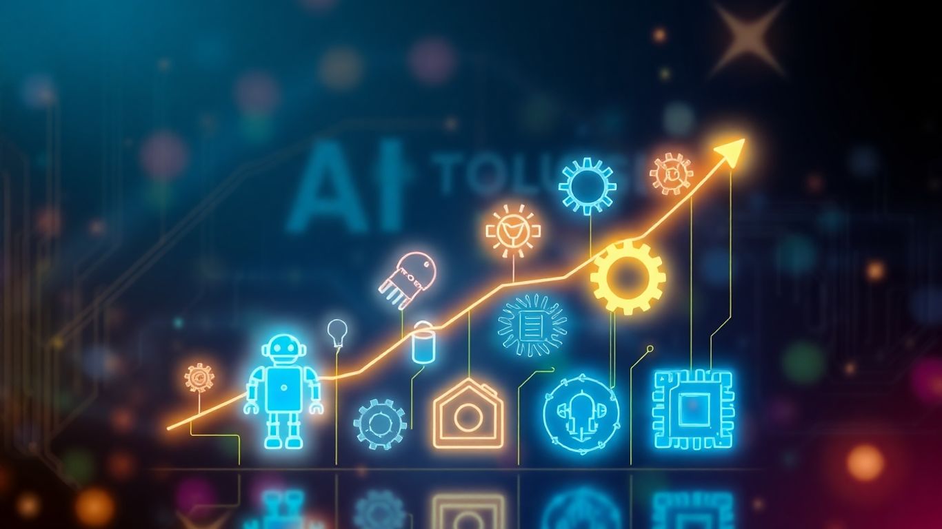 AI automation tools infographic with futuristic icons.