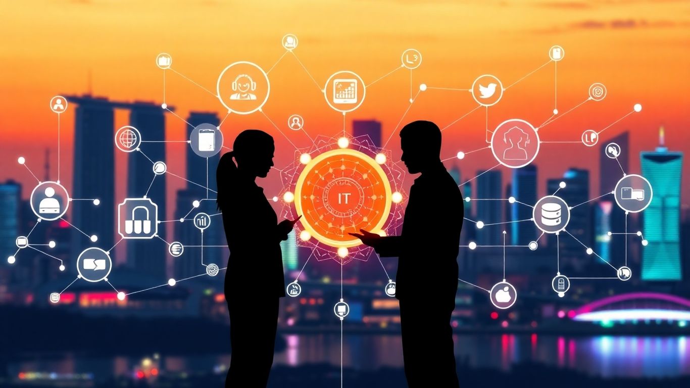 Singapore IT managed services infographic with digital icons and professionals.