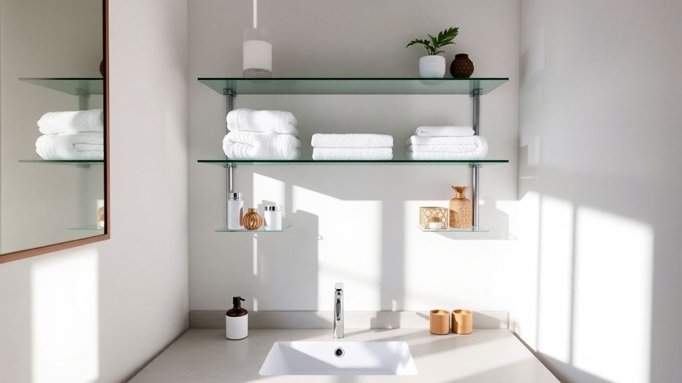 Bathroom shelf above sink with organized toiletries.
