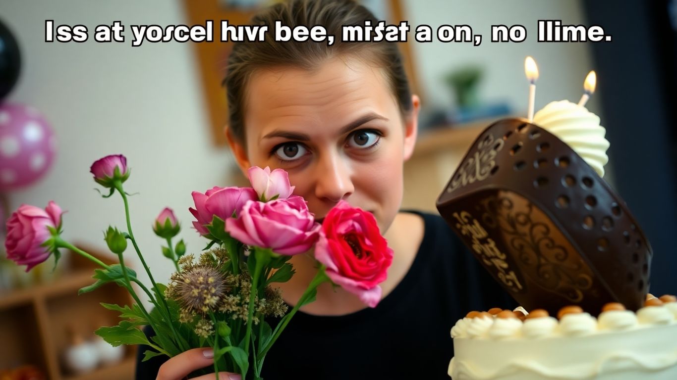 Sheepish person with late birthday flowers and cake.