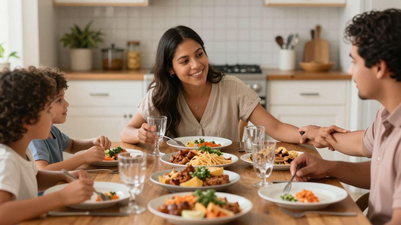 Family sharing a meal, setting boundaries with food.